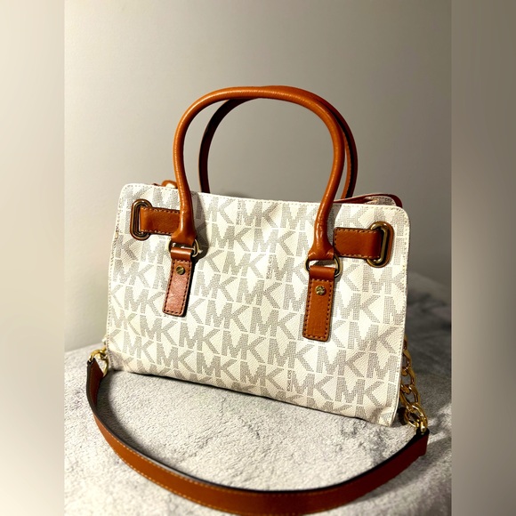 Michael Kors Hamilton Medium Leather Satchel in white/Brown EUC - Picture 4 of 8